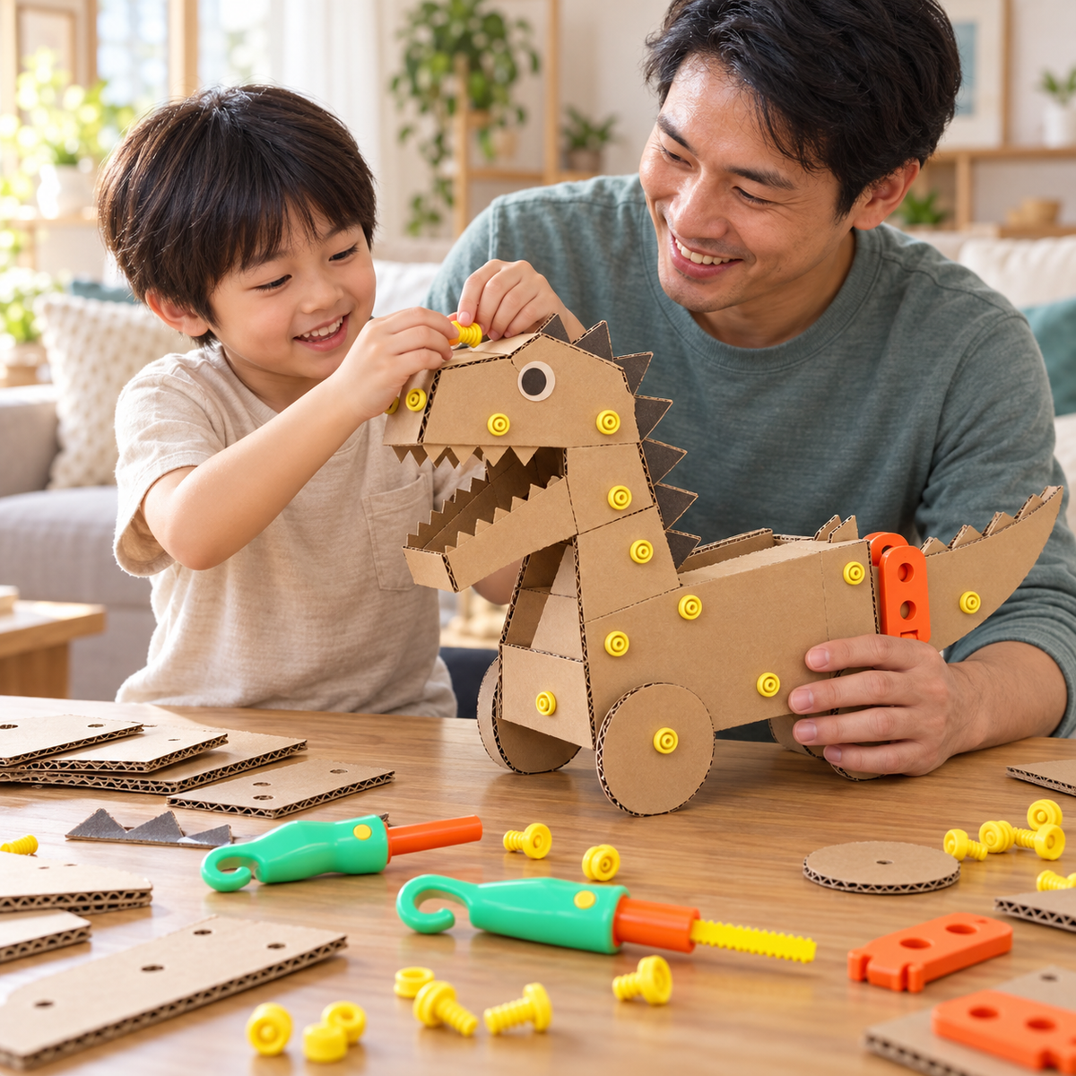Build inspiration: a family creating a cardboard dinosaur